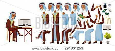 Arab Old Man Office Worker . Arab, Muslim. Business Animation Set. Facial Emotions, Gestures. Busine