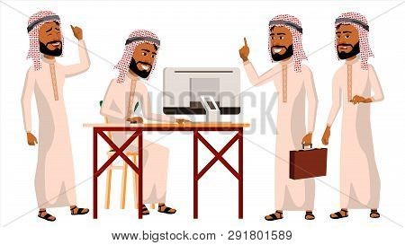 Arab Man Office Worker . Thawb, Thobe. Ghutra. Business Set. Face Emotions, Gestures. Adult Entrepre