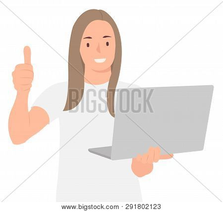 Cartoon People Character Design Young Woman Holding Laptop And Showing Thumbs Up Happily. Ideal For 