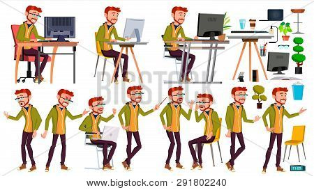 Office Worker . Poses. Face Emotions, Various Gestures. Red Head, Ginger. Adult Entrepreneur Busines
