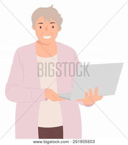 Cartoon People Character Design Senior Woman Holding A Laptop Computer. Ideal For Both Print And Web