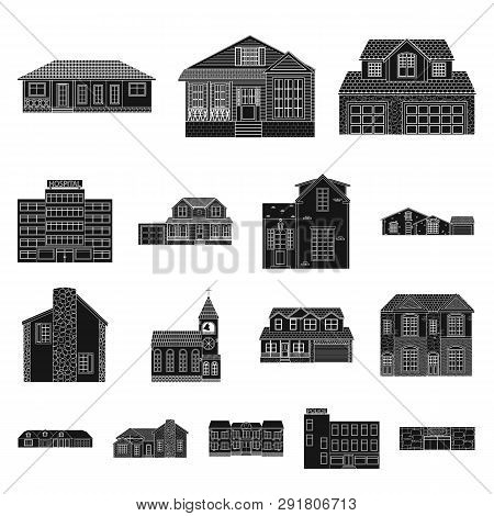 Isolated Object Of Building And Front Logo. Set Of Building And Roof Vector Icon For Stock.
