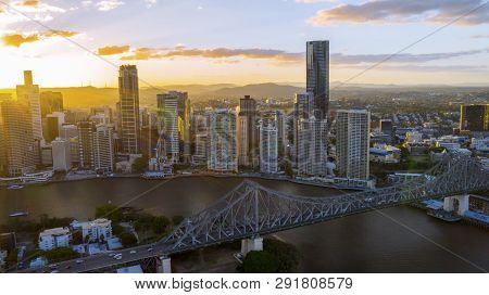 Brisbane, Australia - February 22 2019: Colourful Sunset Over Brisbane Cityscape, Aerial View With T
