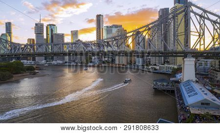 Brisbane, Australia - February 22 2019: Colourful Sunset Over Brisbane Cityscape With A View Under T
