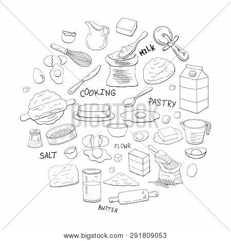 Different Dough Items And Kitchen Accessories In Circle Shape