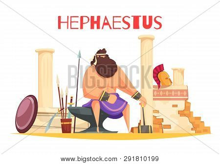 Greek Gods Cartoon Composition With  Powerful Figurine Of Hephaestus Sitting On Anvil And Holding Ha