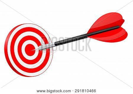 Dart In Red Dartboard. Vector 3d Illustration Isolated On White Background
