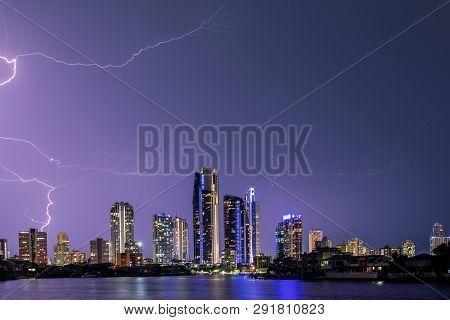 Gold Coast, Australia - March 14 2019: Gold Coast Skyline Being Lit Up With Lightening Bolts, View F