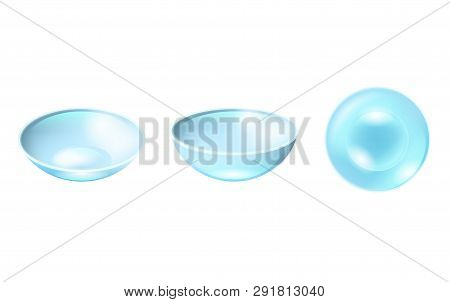 Set With Blue Contact Lenses For Eye Care In Front, Top View And Side Positions Isolated On White Ba