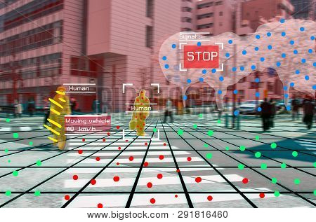 Autonomous Driving Concept Showing Lidar, Radar And Camera Sensor Signal System, Self-driving
