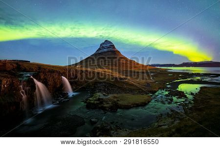 Northern Light (aurora Borealis) Over Kirkjufell Mountain In Iceland