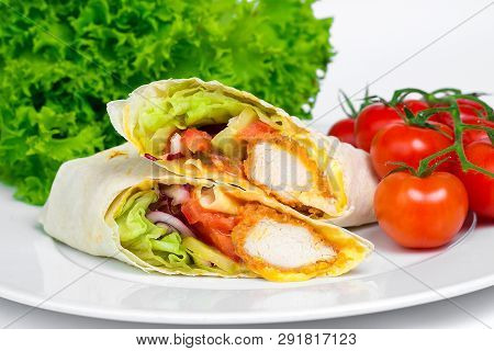 Chicken Shaverma Or Doner Kebab With Vegetables On A White Plate Close Up.