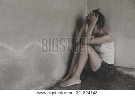 Teenage Girls With Problems, Sad Depressed Woman Suffering From Family Life. Women Sitting In Dark R
