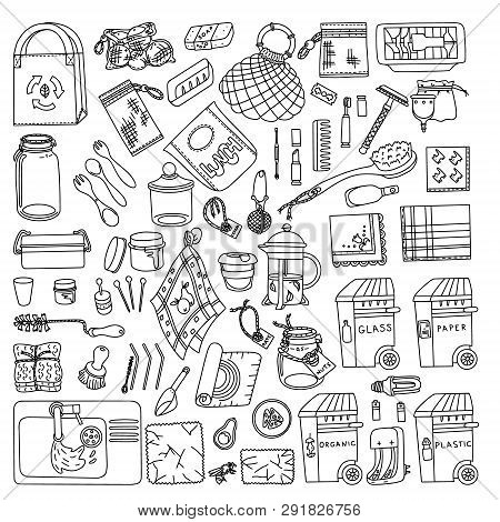 Zero Waste Doodle. Kitchen, Beauty, Home And Shopping. Ecoliving. Sustainable Houshold.