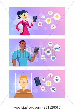 Smartphone Apps For Social Networks, Smart Technologies, Online Banking And Navigation Cartoon Vecto