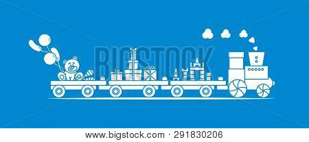 Funny Vector Illustration With Train Carries Toys: Baby Toy Musical Maracas, Designer, Bear, Gifts, 