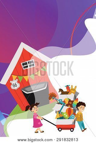 Garage Sale, Boy And Girl Bought Toys At Spring Sale, Children Carry Cart With Boxes Used Toy, Kids 