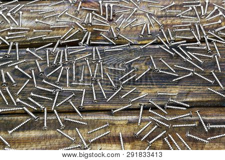 Beautiful Industrial 3d Illustration Of Self-tapping Screws On Old Wooden Boards - Pic For Design Pu