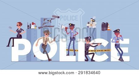Police Giant Letters With Male And Female Officers. Policemen In Uniform, Working For Prevention And