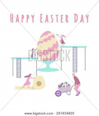 Scene With Families And Big Egg. Children Paint An Egg, Father Rolls A Garden Car With Candies, Moth