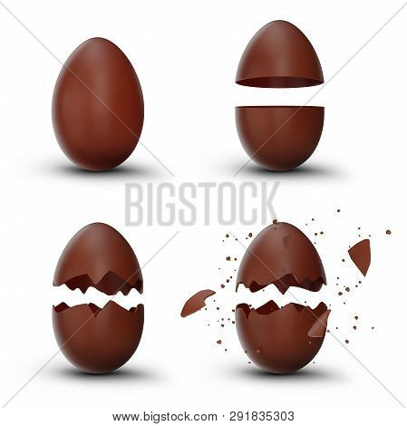 Set Sweet Chocolate Easter Eggs. Chocolate Eggs Cracked, Broken Into Many Pieces Isolated On A White