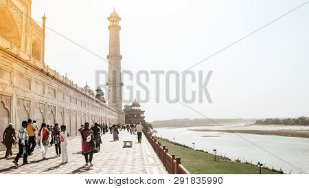 Taj Mahal, Agra, January 2019: Brilliant View Of Taj Mahal And One Of Four Pillars (minarets) From B