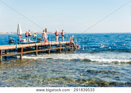 Travel And Leisure, People Swim In The Blue Beautiful Sea. Horizontal Frame