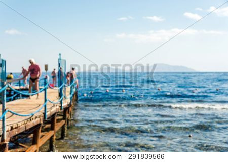 Travel And Leisure, People Swim In The Blue Beautiful Sea. Horizontal Frame