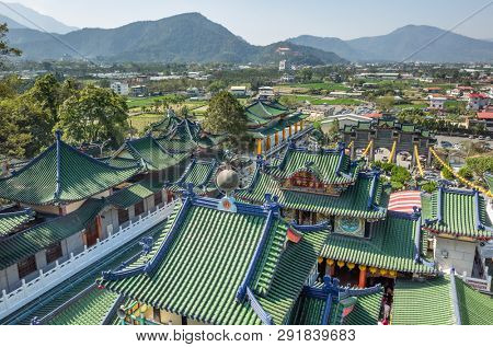 Nantou, Puli, Taiwan - FEB 8th, 2019: roofs of famous Baohu Dimu Temple in the daytime