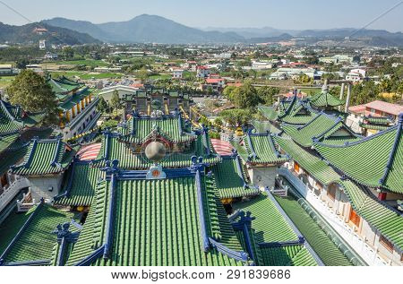 Nantou, Puli, Taiwan - FEB 8th, 2019: roofs of famous Baohu Dimu Temple in the daytime