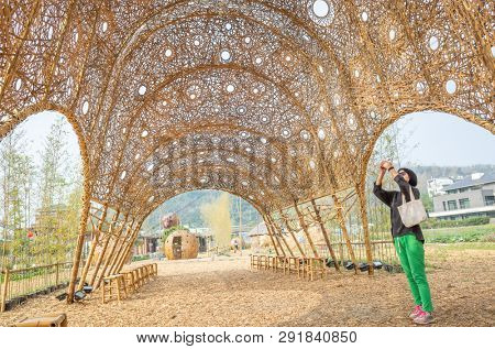 Nantou, Jiji, Taiwan - FEB 27th, 2019: rattan art structure building on the ground at Heping Happy Farm