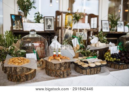 Variety Assortment Of Different Luxury Food Snacks And Appetizers, Concept Of Decorated Catering Ban