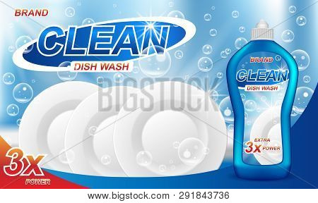 Dish Wash Soap Ads. Realistic Plastic Dishwashing Packaging With Detergent Gel Design. Liquid Soap W
