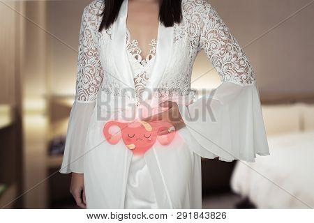 Woman In White Silk Nightgown And Lace Robe With Uterus Pain At Night. People Having Belly Ache. Ill