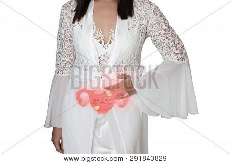 Woman In White Silk Nightgown And Lace Robe With Uterus Pain At Night. People Having Belly Ache. Ill