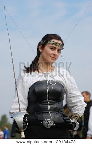 KIEV, UKRAINE - SEP 19: Participant of Festivale of medieval costume wears historical costume Sep 19, 2010 in Kiev, Ukraine
