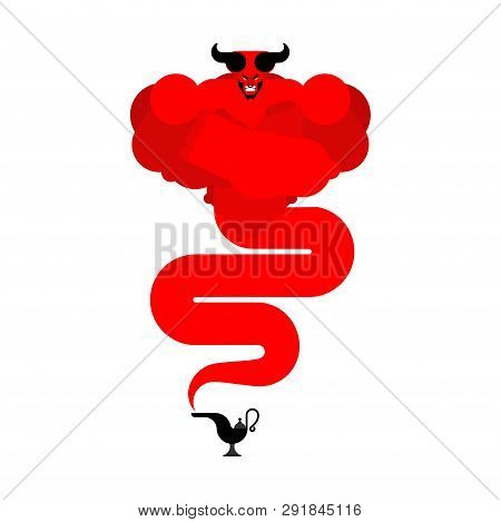 Angry Genie And Magic Gold Lamp Isolated. Ifrit Eastern Tale