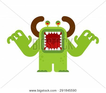 Evil Green Monster With Open Mouth. Vector