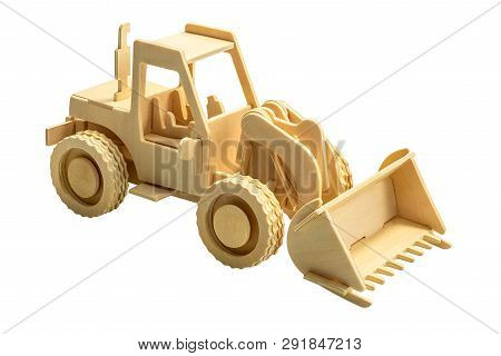 Wooden Backhoe Excavator And Bulldozer In Wood Art Style For Decoration Isolated On White Background