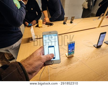 Paris, France - Mar 19 2019: Man Pov Personal Perspective Holding Iphone 7 Plus Inside The New Apple