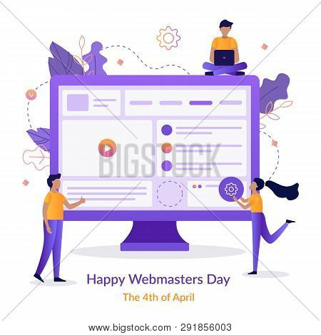 Happy Webmasters Day. A Team Of Web Developers Build A Website. Holiday Card. Flat Vector Illustrati
