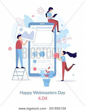 Happy Webmasters Day. 404. Mobile Application Development Team. Flat Vector Illustration.