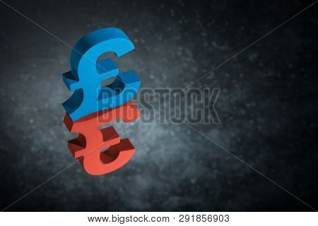 Red And Blue British Currency Symbol Or Sign With Mirror Reflection On Dark Dusty Background