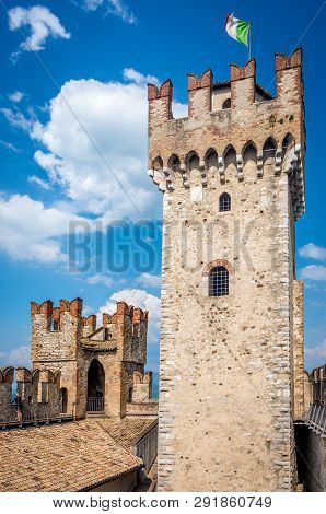 Rocca Scaligera Castle In Sirmione Town Near Garda Lake In Italy