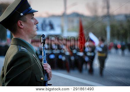 Barnaul, Russia-march 7, 2017.the Russian Military March Through The Area