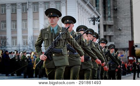 Barnaul, Russia-march 7, 2017.the Russian Military March Through The Area