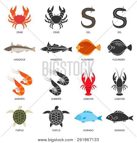 Seafood And Fish Icons Set With Two Types Of Vector Illustrations