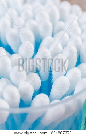 Closeup Macro On Ear Cleaning Sticks In The Box. Ear Hygene With Ear Sticks. Medical And Healthcare