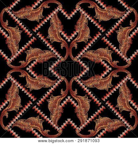 Baroque Floral Embroidery Seamless Pattern. Vector Geometric Gru