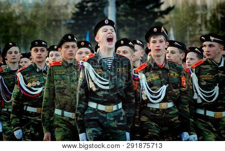 Barnaul,russia - May 7, 2015.russian Cadets In Uniform Marching On Parade